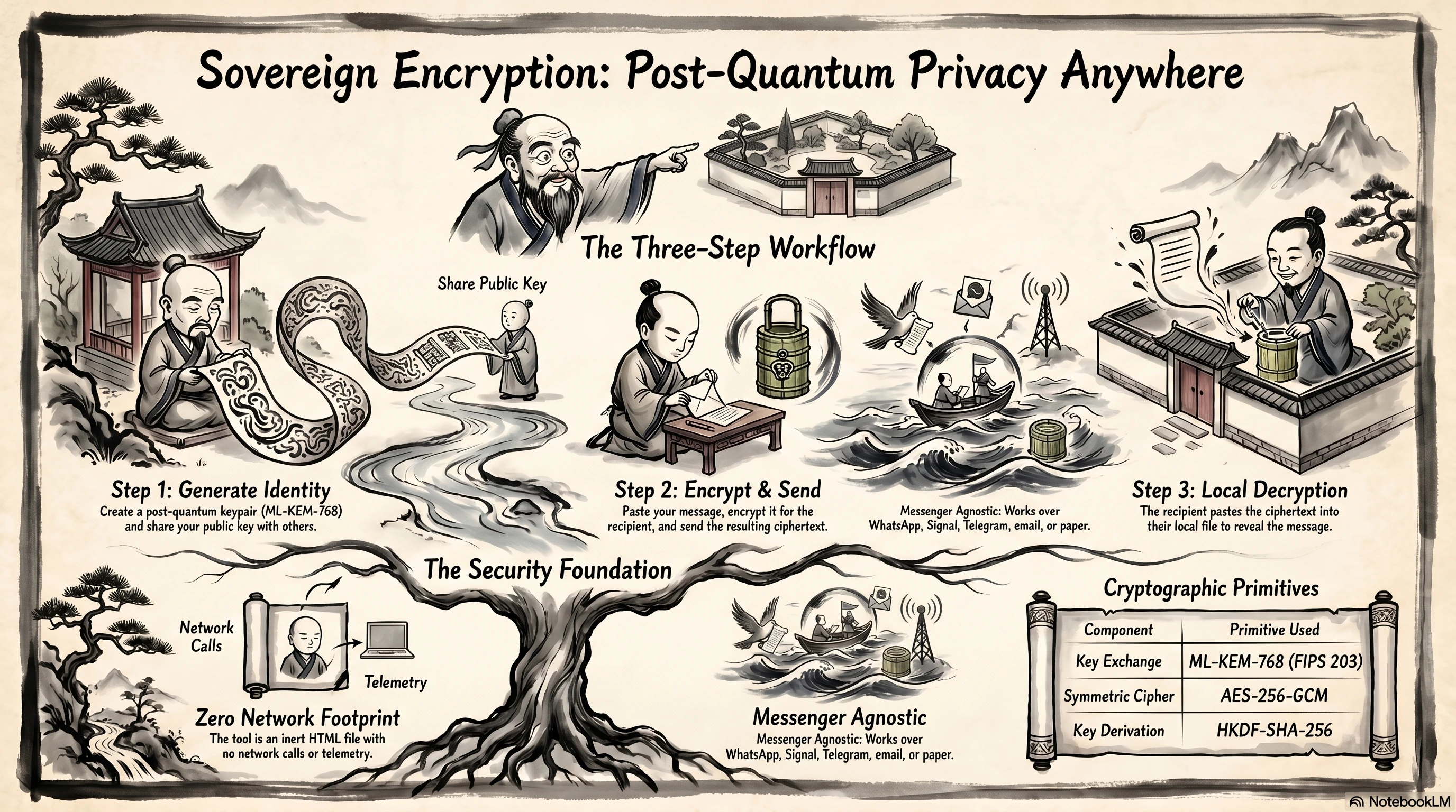Sovereign Encryption infographic: encrypt in browser, no servers, post-quantum security, bypass surveillance
